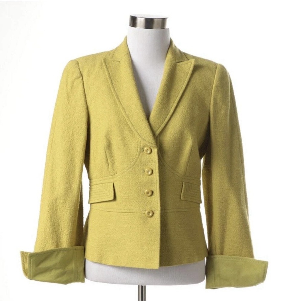 Armani Collezioni Dress Suit Size 12 Chartreuse Sheath Cropped Jacket Italy